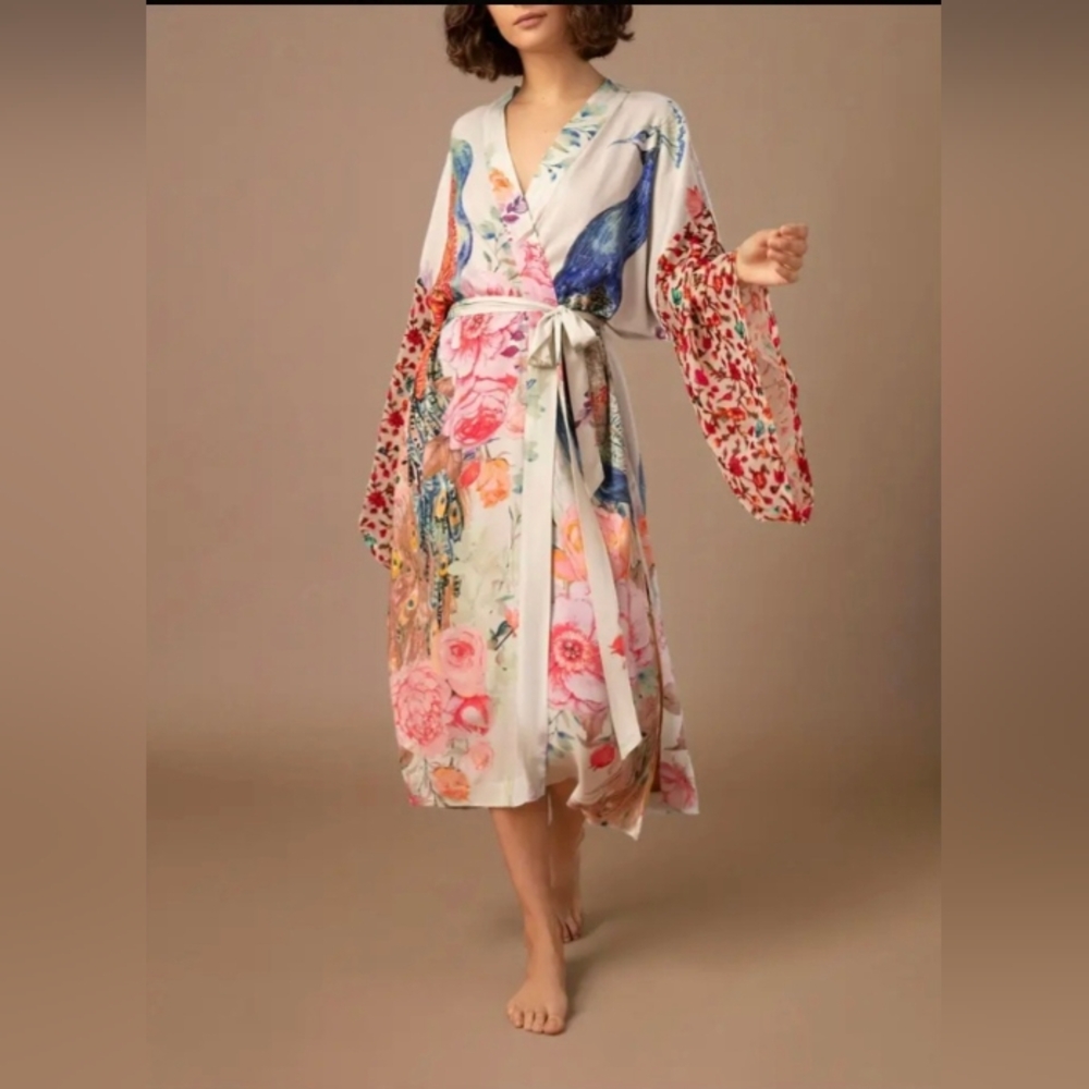 Floral Peacock Satin Robe with Bell Sleeves - White/Pink - Picture 7 of 13